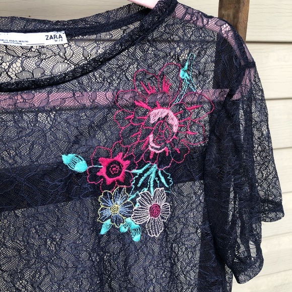 NWOT Sheer Floral Mesh Lace Zara Blouse with Floral Embroidery - Picture 7 of 10